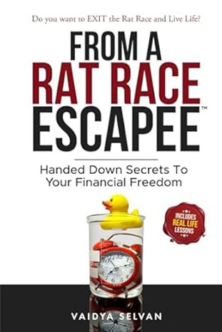 Book cover titled 'From a Rat Race Escapee', showing a person leaving a crowd to symbolize financial freedom