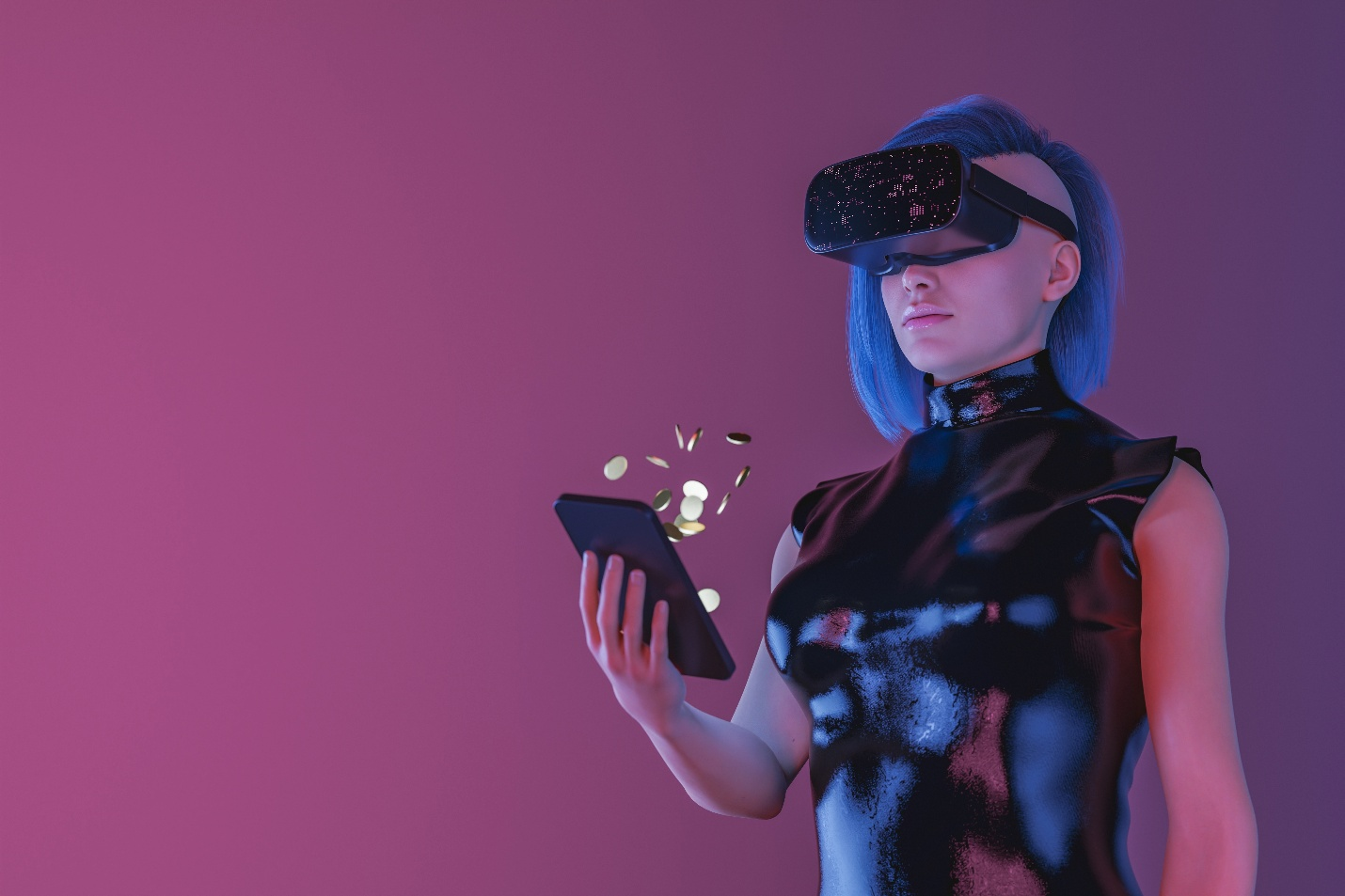 A woman with blue hair wearing a VR headset and a black latex outfit, looking at a smartphone as gold coins float above it.